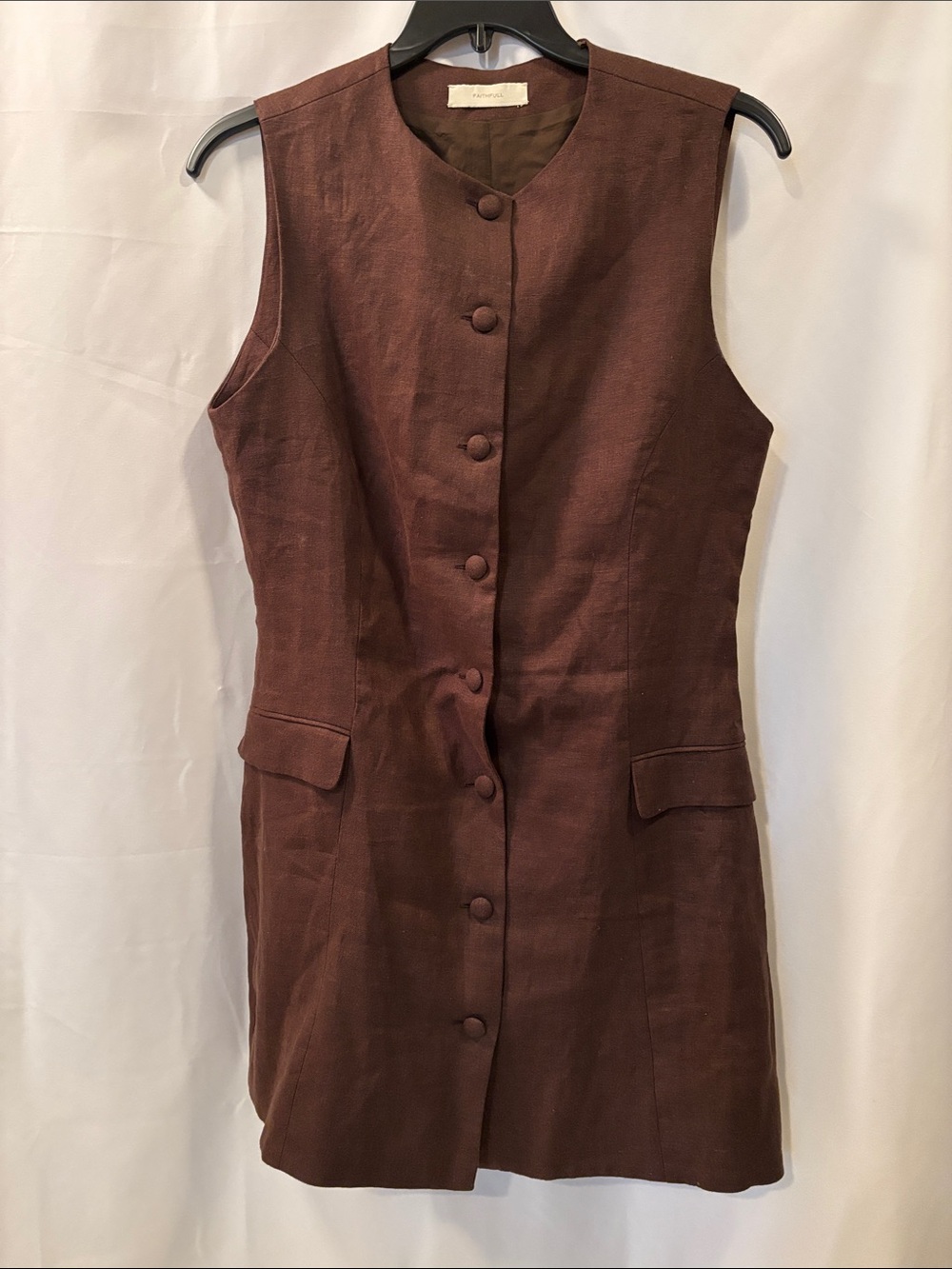 Faithfull Brown Linen Blend Dress with Buttons - size 10